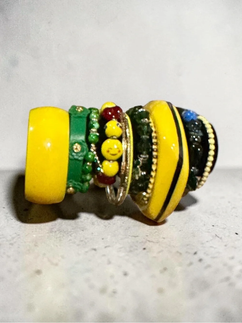 Boho Beaded Bracelet Stack Yellow Green Resin Wood Smiley Face Stretch Set - Picture 4 of 7